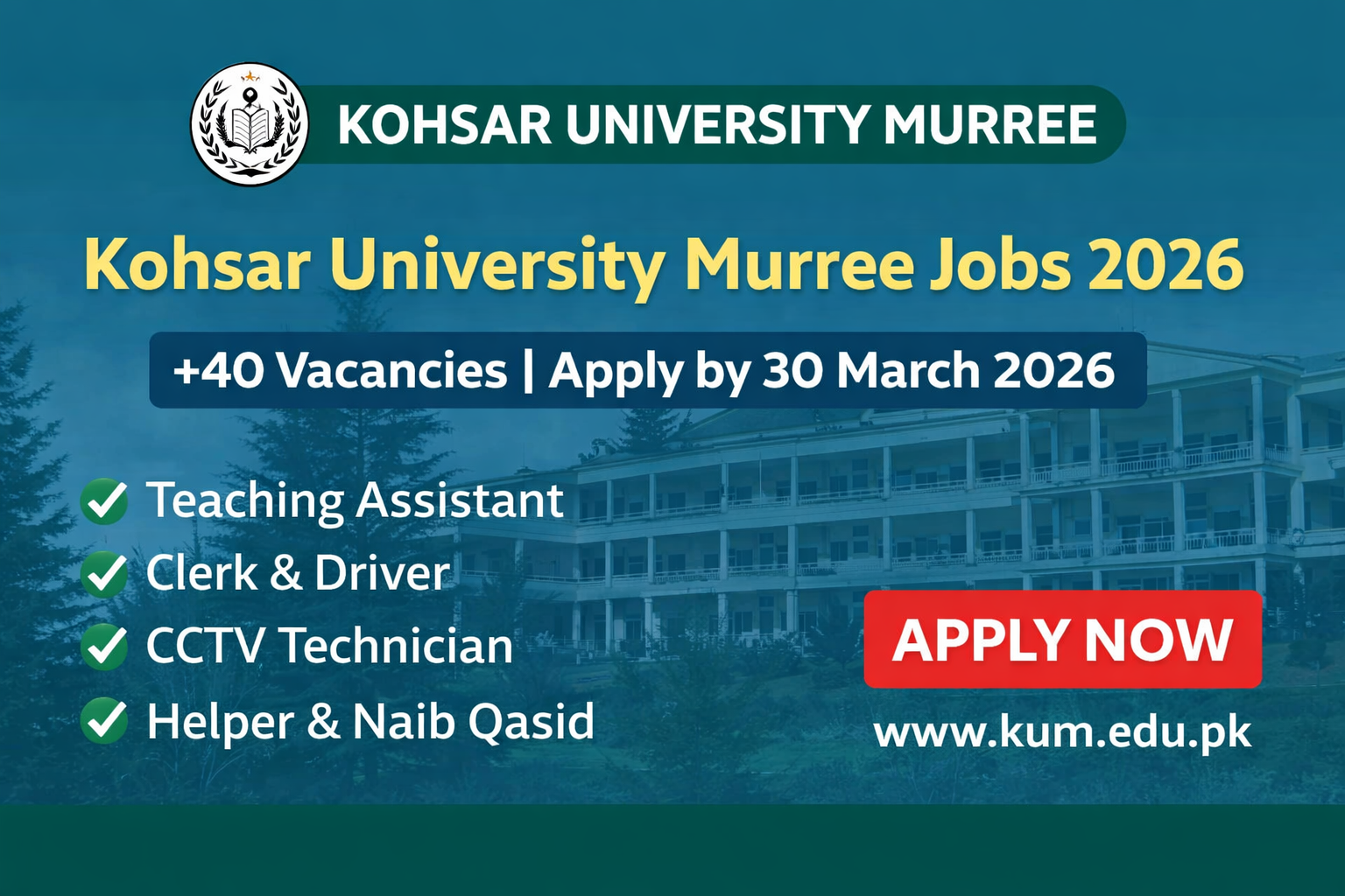 Kohsar University Murree Jobs 2026 – 40+ Vacancies Announced | Apply by Post